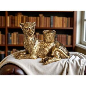 New Gold MCM Laying Animal Cheetah Candle Holder Victorian Style Room Decor